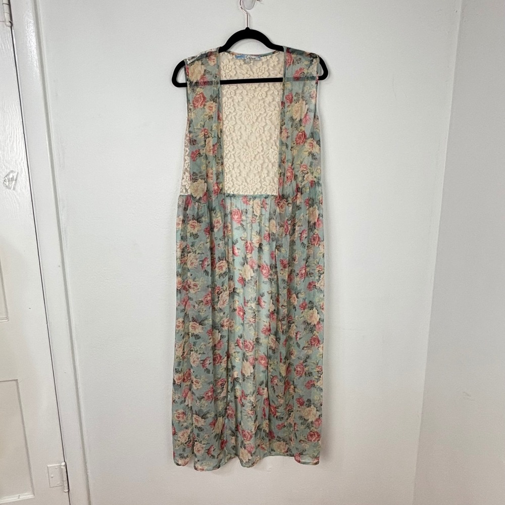 Cecico Floral Chiffon Floral Duster Cardigan Lace Cottagecore Coquette Womens L